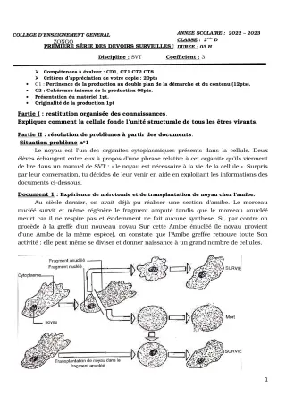 Première page de SVT 2nde D — 1er devoir surveillé (2023-2024) · CEG ZONGO