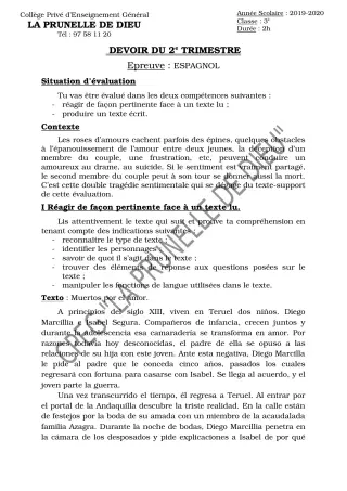 Première page de Espagnol 3e ML — Devoir surveillé, 2e trimestre (2019-2020) · CEPG La Prunelle de Dieu