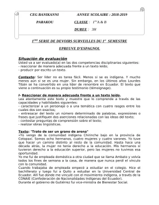 Première page de Espagnol 1ère A2, 1ère B — 1er devoir surveillé, 1er semestre (2018-2019) · CEG Banikanni