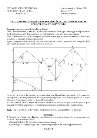 Première page de Mathématiques 5e — 2e devoir surveillé, 2e semestre (2020-2021) · CEG Kouhounou-Vêdoko
