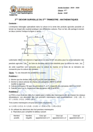 Première page de Mathématiques 5e — 2e devoir surveillé, 2e trimestre (2019-2020) · CPEG LE PHARAON