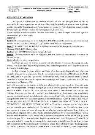 Première page de Français 2nde A, 2nde D, 1ère A, 1ère D, Tle A, Tle D — 1re production scolaire, 2e semestre (2018-2019) · CEG Mèdédjonou