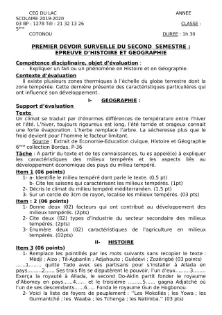 Première page de Histoire-Géographie 5e — 1er devoir surveillé, 2e semestre (2019-2020) · CEG du Lac