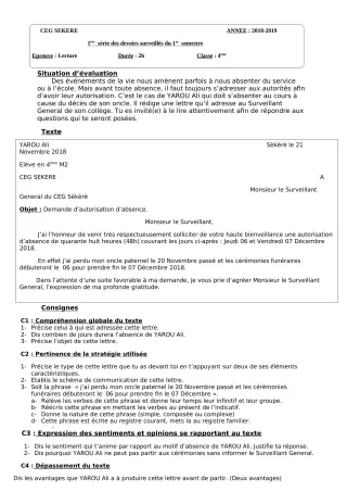 Première page de Français 4e, 4e ML — 1er devoir surveillé, 1er semestre (2018-2019) · CEG SEKERE