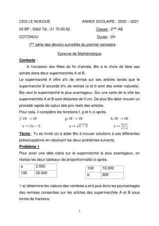 Première page de Mathématiques 2nde A1, 2nde A2, 2nde B — 1er devoir surveillé, 1er semestre (2020-2021) · CEG LE NOKOUE
