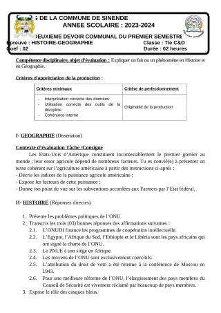 Première page de Histoire-Géographie Tle D — 2e devoir surveillé, 1er semestre (2023-2024) · CEG SEKERE