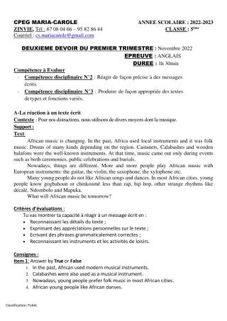 Première page de Anglais 5e — 2e devoir surveillé, 1er trimestre (2022-2023) · CPEG MARIA-CAROLE