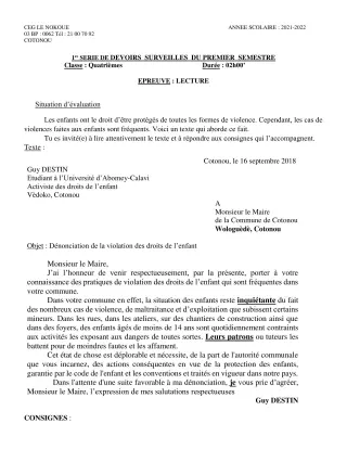 Première page de Français 4e, 4e ML — 1er devoir surveillé, 1er semestre (2021-2022) · CEG LE NOKOUE