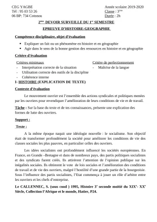 Première page de Histoire-Géographie 3e, 3e ML — 2e devoir surveillé, 1er semestre (2019-2020) · CEG Yagbe