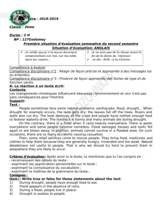 Première page de Anglais 3e, 3e ML — Évaluation sommative, 2e semestre (2018-2019) · CEG Lobozounkpa