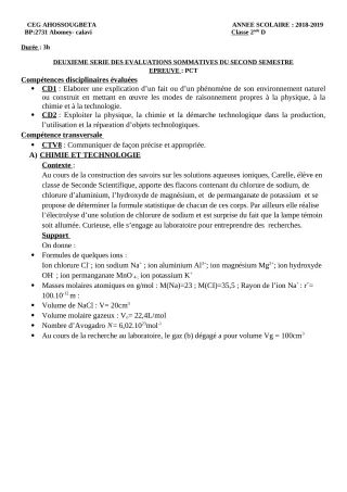 Première page de PCT 6e, 5e, 4e, 3e, 2nde D — 2e évaluation sommative, 2e semestre (2018-2019) · CEG Ahossougbéta