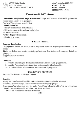 Première page de Histoire-Géographie 2nde C, 2nde D — 1er devoir surveillé, 2e trimestre (2020-2021) · CPEG SAINT Justin