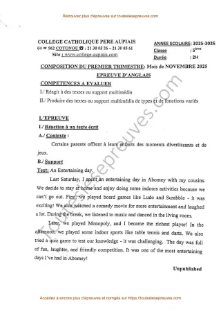 Première page de Anglais 5ème – Composition du 1er trimestre 2025-2026 – Compréhension et production écrite sur une journée divertissante – Collège Catholique Père Aupiais