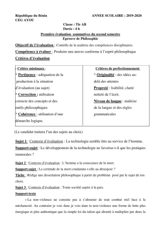 Première page de Philosophie Tle A & B — 1re évaluation sommative, 2e semestre (2019-2020) · CEG AYOU