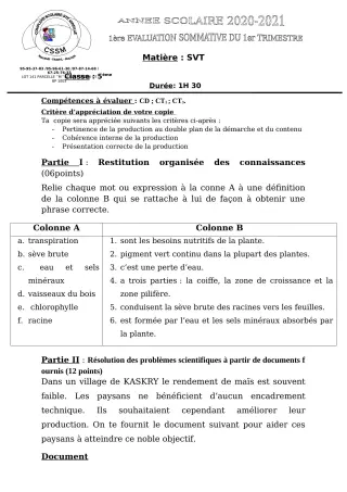 Première page de SVT 6e, 5e, 4e, 3e, 2nde A2, 2nde D, 1ère A2, 1ère D, Tle A2, Tle D — 1er trimestre (2021-2022) · CPEG SAINTE MIREILLE