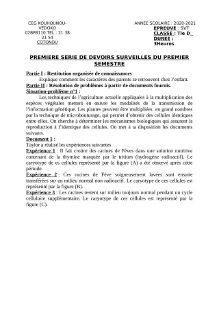 Première page de SVT Tle D — 1er devoir surveillé, 1er semestre (2020-2021) · CEG Kouhounou-Vêdoko