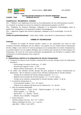 Première page de PCT Tle D — 2e devoir surveillé, 2e semestre (2022-2023) · CEG SEKERE