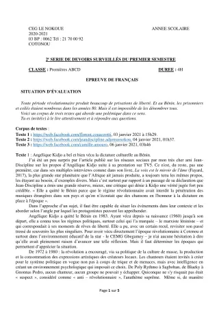 Première page de Français 1ère A1, 1ère A2, 1ère B, 1ère C, 1ère D — 2e devoir surveillé, 1er semestre (2020-2021) · CEG LE NOKOUE