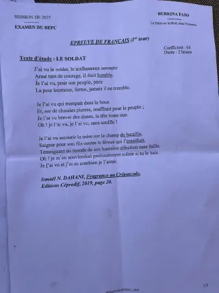 Première page de Épreuve de Français (1er Tour) – BEPC 2025 – Burkina Faso