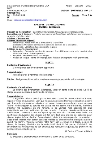 Première page de Philosophie Tle C, Tle D — Devoir surveillé, 1er trimestre (2019-2020) · CPEG LICA
