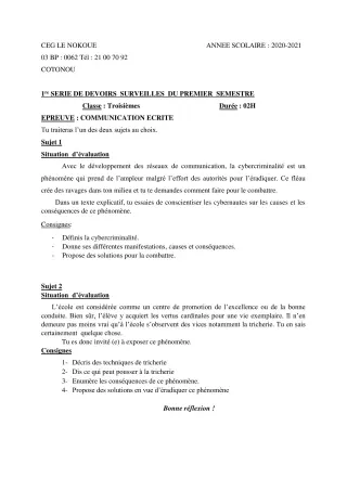 Première page de Français 3e, 3e ML — 1er devoir surveillé, 1er semestre (2020-2021) · CEG LE NOKOUE