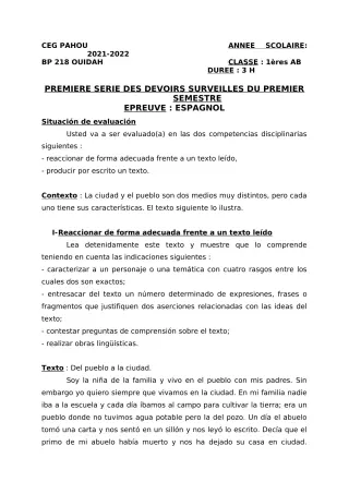 Première page de Espagnol 1ère A1, 1ère A2, 1ère B — 1er devoir surveillé, 1er semestre (2021-2022) · CEG PAHOU