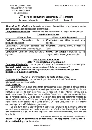 Première page de Philosophie 1ère A & B — 2e production scolaire, 2e semestre (2022-2023) · CEG GOHO