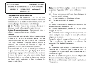 Première page de PCT 6e — 2e devoir surveillé, 2e semestre (2018-2019) · CEG SONNOUMON