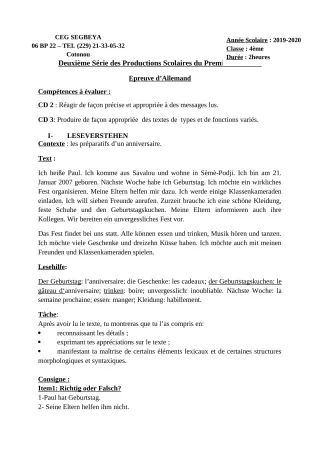 Première page de Allemand 4e ML, 3e ML, 2nde A & B, Tle A1, Tle A2, Tle B — 2e production scolaire, 1er semestre (2019-2020) · CEG SEGBEYA