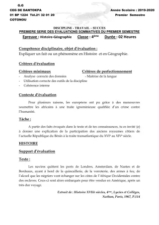 Première page de Histoire-Géographie 4e, 4e ML, 4e ML&MC — 1re évaluation sommative, 1er semestre (2019-2020) · CEG Dantokpa