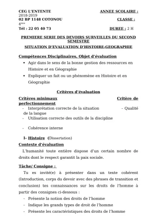 Première page de Histoire-Géographie 4e ML&MC — 1er devoir surveillé, 2e semestre (2018-2019) · CEG L'Entente