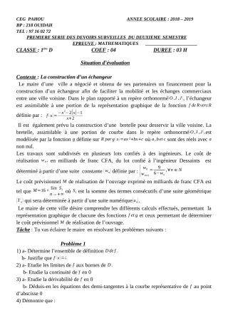 Première page de Mathématiques 1ère D — 1er devoir surveillé, 2e semestre (2018-2019) · CEG PAHOU
