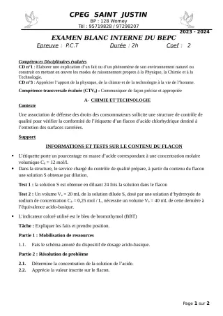 Première page de Devoir surveillé de PCT — 3e — CPEG SAINT Justin (2023)