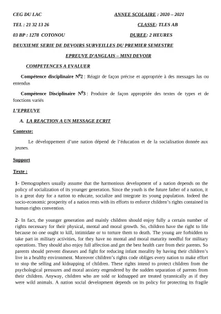 Première page de Anglais Tle A2, Tle B — 2e devoir surveillé, 1er semestre (2020-2021) · CEG du Lac
