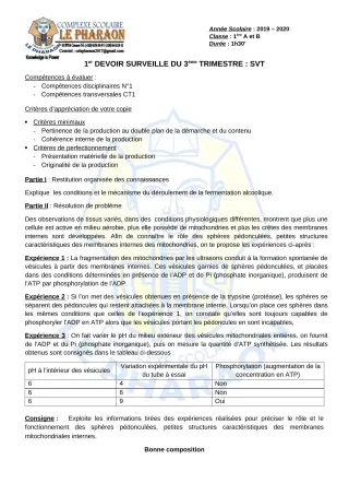 Première page de SVT 1ère A, 1ère B — 1er devoir surveillé, 3e trimestre (2019-2020) · CPEG LE PHARAON