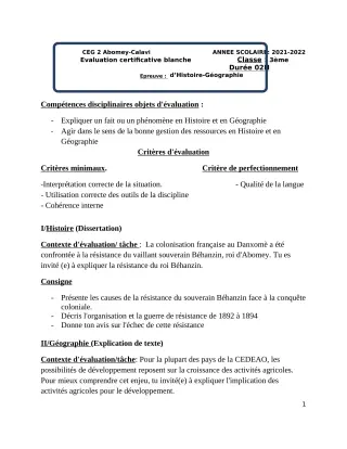 Première page de Devoir surveillé de HIST-GEO — 3e — CEG2 ABOMEY - CALAVI (CEG ZOCA) (2021)