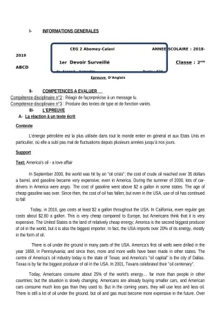 Première page de Anglais 2nde A, 2nde B, 2nde C, 2nde D — 1er devoir surveillé, 2e semestre (2018-2019) · CEG2 ABOMEY - CALAVI (CEG ZOCA)