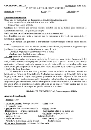 Première page de Espagnol 2nde A1, 2nde A2, 2nde B — 1er devoir surveillé (2018-2019) · CEG Hubert C. MAGA