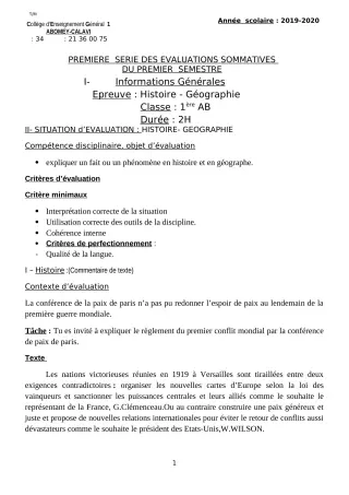 Première page de Histoire-Géographie 1ère A, 1ère A1, 1ère A2, 1ère B — 1re évaluation sommative, 1er semestre (2019-2020) · CEG1 Abomey-Calavi