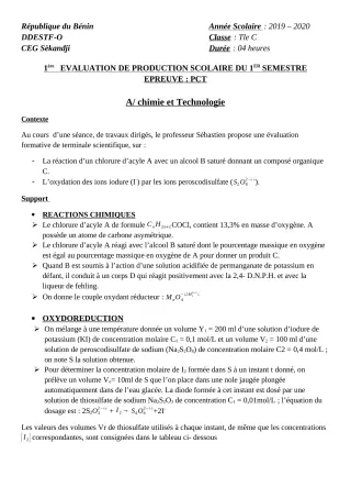 Première page de PCT 6e, 3e, 1ère C, Tle C, Tle D — 1re production scolaire, 1er semestre (2019-2020) · CEG SEKANDJI