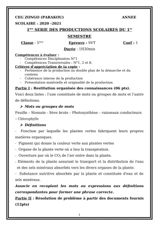 Première page de SVT 5e — 1re production scolaire, 1er semestre (2020-2021) · CEG ZONGO