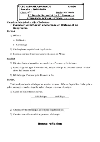 Première page de Histoire-Géographie 6e, 5e, 4e, 4e ML, 3e, 3e ML, 2nde A, 2nde B, 2nde C, 2nde D, 1ère A1, 1ère A2, 1ère B, 1ère C, 1ère D — 1er devoir surveillé, 1er semestre (2018-2019) · CEG Albarika