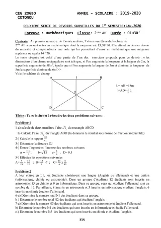 Première page de Mathématiques 6e, 2nde A, 2nde A1, 2nde A2, 2nde B — 2e devoir surveillé, 1er semestre (2019-2020) · CEG ZOGBO