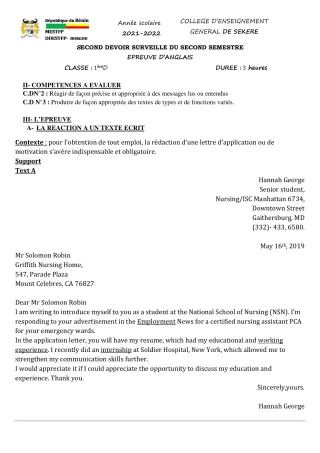 Première page de Anglais 1ère D — 2e devoir surveillé, 2e semestre (2021-2022) · CEG SEKERE