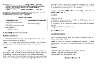 Première page de Histoire-Géographie 2nde A2 — Devoir surveillé, 1er semestre (2023-2024) · CEG SEKERE