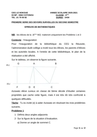 Première page de Mathématiques 6e — 1er devoir surveillé, 2e semestre (2020-2021) · CEG LE NOKOUE