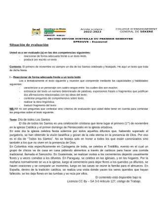 Première page de Espagnol 2nde A2 — 2e devoir surveillé, 1er semestre (2022-2023) · CEG SEKERE