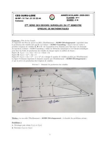 Première page de Mathématiques 4e — Devoir surveillé (2020-2021) · CEG SURU-LERE