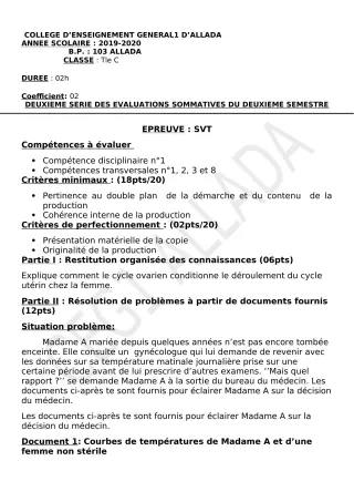 Première page de SVT 5e, Tle C, Tle D — 2e évaluation sommative, 2e semestre (2019-2020) · CEG1 Allada