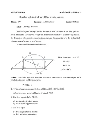 Première page de Mathématiques 5e — 2e devoir surveillé, 1er semestre (2018-2019) · CEG SONSORO
